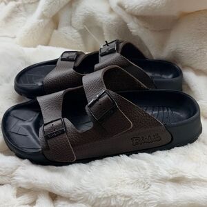 Birkenstock Men's Brown Two-Strap Sandals with Black Footbed